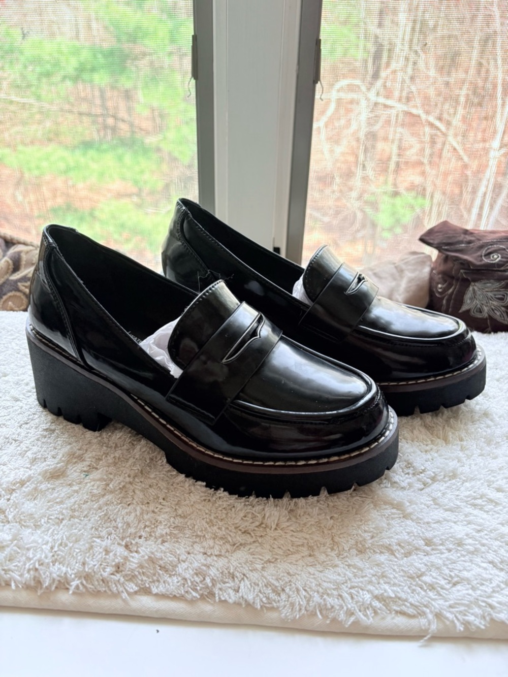 Aqua Black Patent Platform Penny Loafers